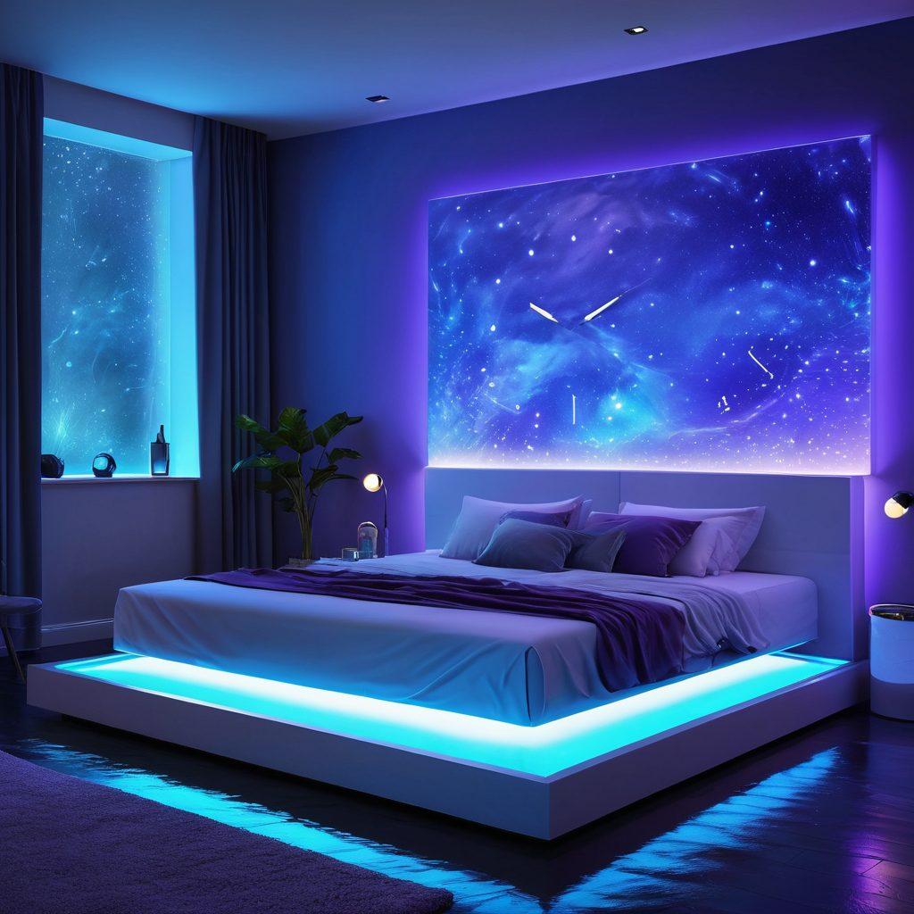 A tranquil bedroom scene showcasing a sleek, modern waterbed with floating illusion technology, surrounded by soothing blue and purple ambient lights. Include a futuristic digital clock and smart home gadgets to emphasize the technological advancement. The background should include gently rippling water patterns on the walls for a calming effect. 3D rendering. surreal. vibrant colors.