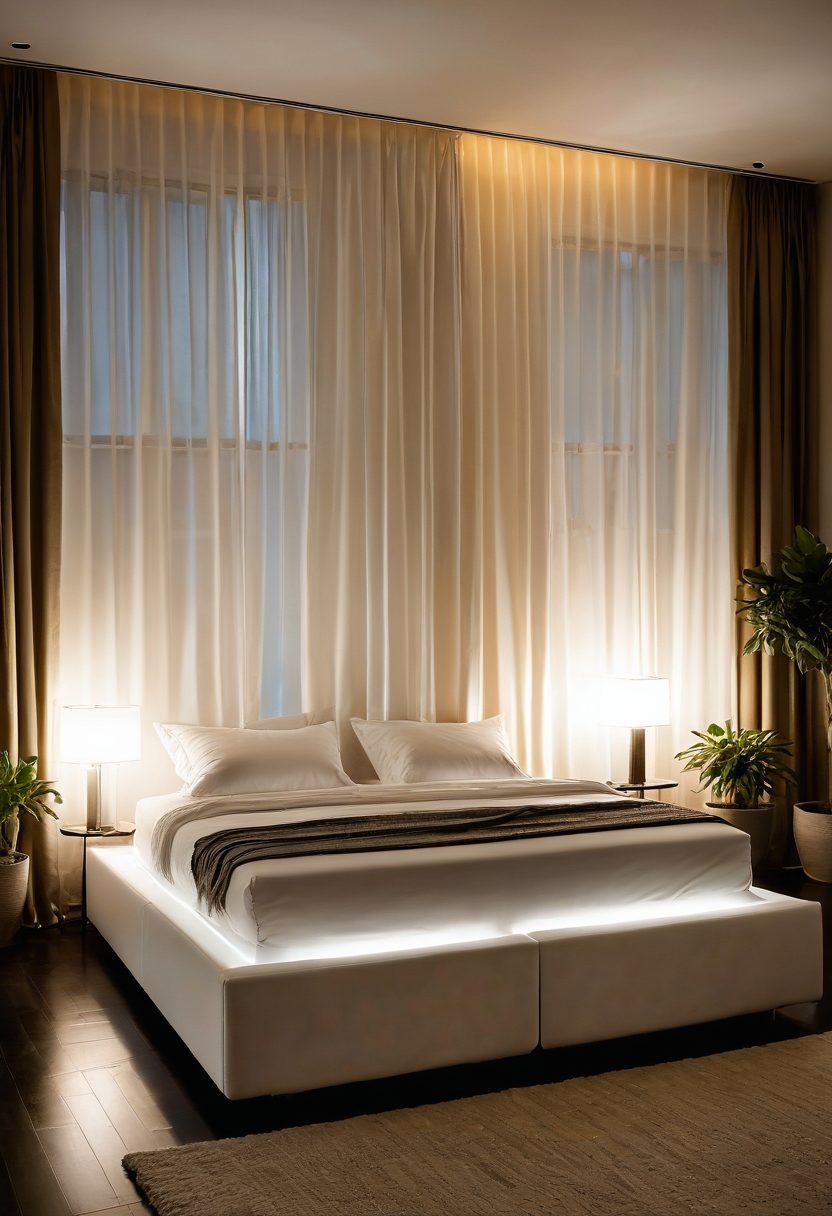 A modern, stylish bedroom featuring a sleek ABC waterbed with elegant bedding and soft pillows, surrounded by tasteful decor and ambient lighting. Illustrate the waterbed with gentle waves suggesting extraordinary comfort and support. Incorporate a serene and inviting atmosphere, with natural elements like potted plants and light filtering through elegant curtains. super-realistic. vibrant colors. cozy and warm ambiance.