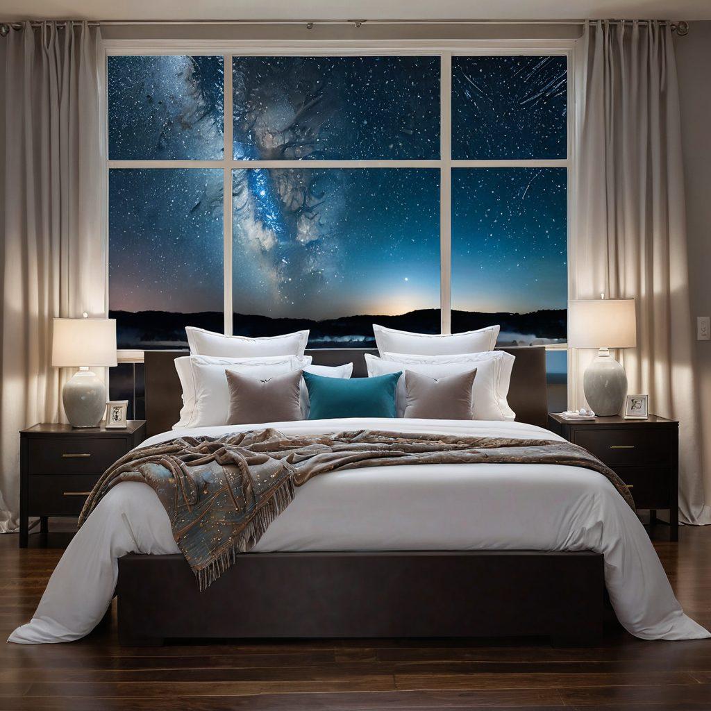 A serene bedroom with soft lighting, featuring a luxurious waterbed draped in plush, silky sheets. The bed is surrounded by fluffy pillows and a cozy throw, with an elegant nightstand holding a small lamp casting a warm glow. In the background, a large window showcases a tranquil night sky with stars twinkling. super-realistic. vibrant colors. white background.